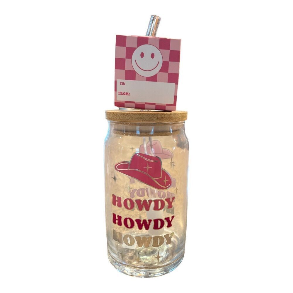 HOWDY Cowgirl Pink Cowboy Hat Howdy Beer Can Glass, bamboo lid & straw NWT